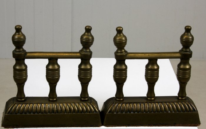 Image 2 of Set of antique fireplace and irons (2) - Brass - Second half 19th century