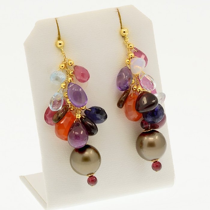 Image 2 of 18 kt. Yellow gold - Earrings - Taithian Pearls 10.39 mm Ø - 10.40 mm Ø - Mixed Stones