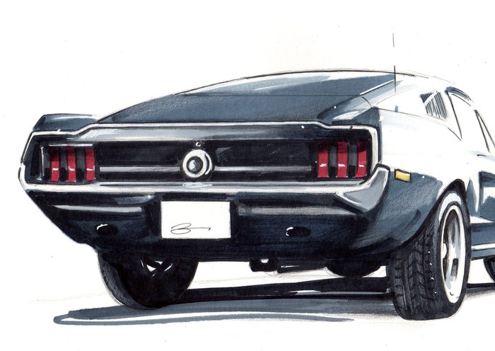 Image 3 of Picture/artwork - Ford Mustang Bullitt - Dessin original - Baes gerald - Certificat d'authenticité