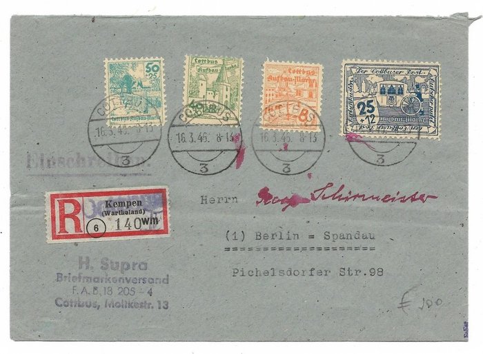 Preview of the first image of Germany - Local postal areas 1946 - Fine cover from 16 March 1946 from Cottbus to Berlin Spandau wi.
