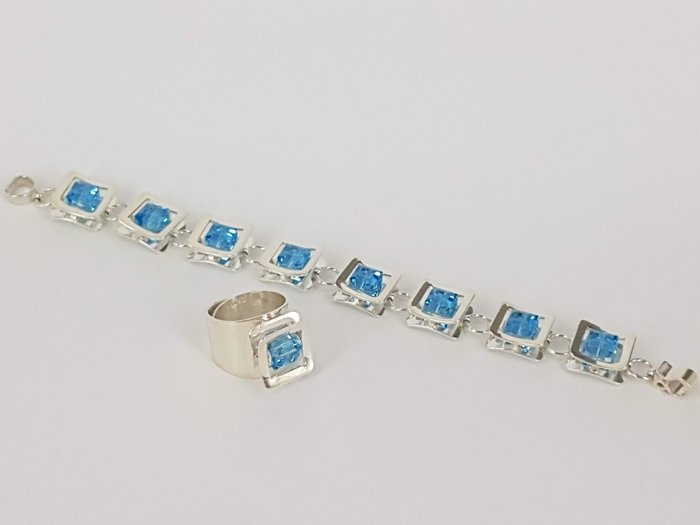 Preview of the first image of Jacek Ostrowski - 925 Silver - Bracelet, Ring, Set - Original Swarovski Crystal.