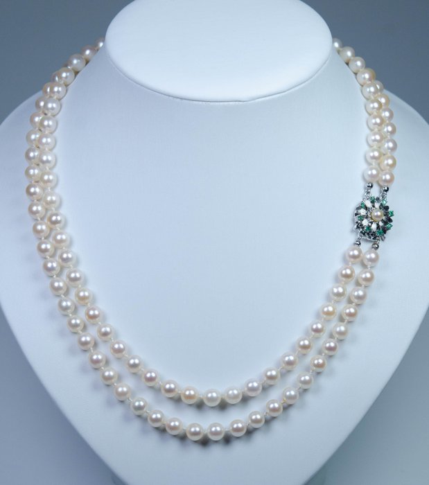 Image 2 of 925 Silver - Necklace - 0.25 ct Emeralds - Ø 6.5-7 mm Akoya pearls