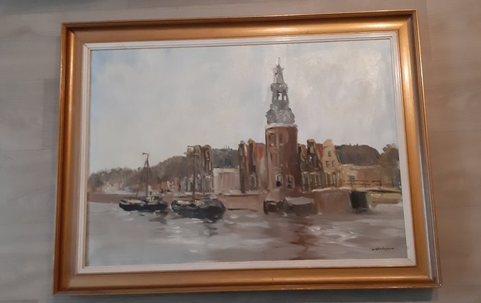 Image 2 of Jan Kelderman (1914-1990) - Montelbaanstoren Amsterdam met boten