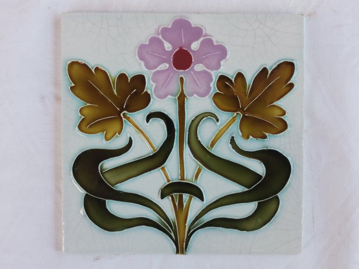 Preview of the first image of Societé Ceramique Morialmé - Jugenstil Art Nouveau tile with colorful flowers (each 15.6 x 15.6 cm).