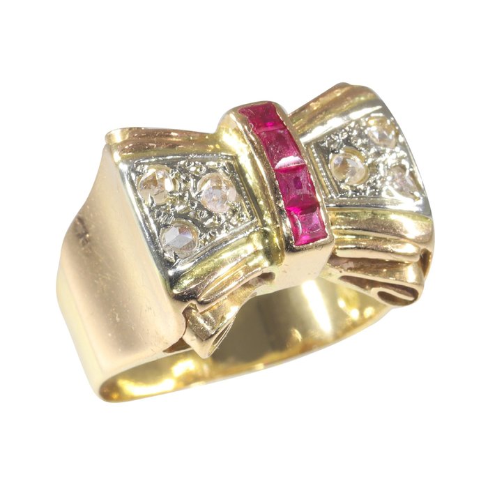 Preview of the first image of NO RESERVE PRICE - 18 kt. Yellow gold - Ring Ruby - Diamonds, Vintage 1950's Retro Fifties, Free Re.