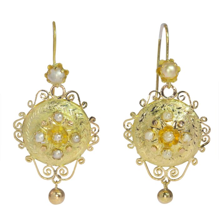 Preview of the first image of NO RESERVE PRICE - 18 kt. Yellow gold - Earrings - Pearl, Vintage anno 1920.