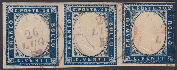 Preview of the first image of Italian Ancient States - Sardinia 1857 - 4th issue, 20 c. greyish azure, 1st plate, strip of 3 piec.