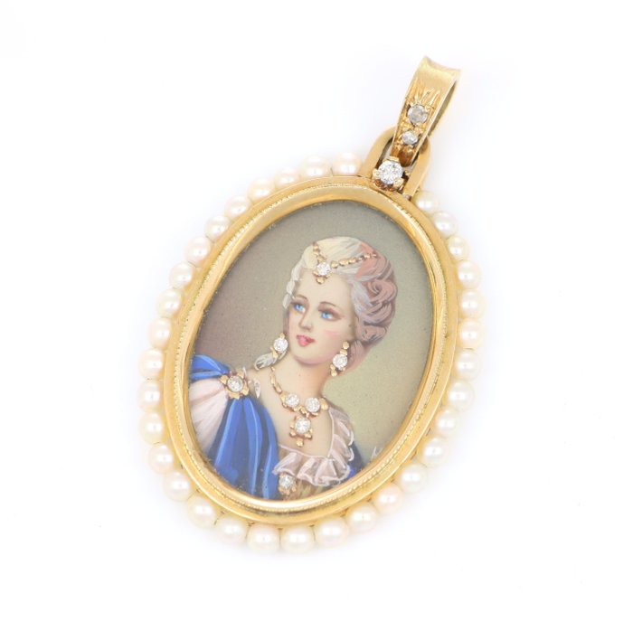 Image 2 of Vintage - No Reserve Price - 18 kt. Natural pearls, Yellow gold - Pendant - 0.16 ct Diamond - Diamo