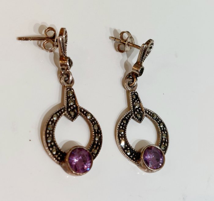 Image 3 of 925 Silver - Earrings, Necklace with pendant - Amethyst - Marcasites