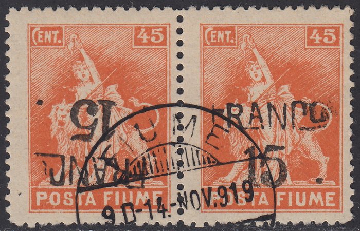 Image 3 of Fiume 1920 - Allegories and views sets, C paper, ‘FRANCO’ overprint, 55 on 1 crown ochre, oblique o