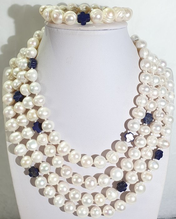 Image 3 of Beautiful freshwater pearls and lapis lazuli Greek crosses - necklace & bracelet (2) - 925 silver b