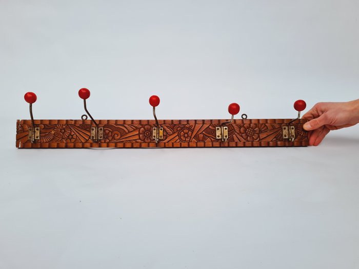 Image 2 of Wall coat rack in wood, with motifs from the Art Nouveau period.