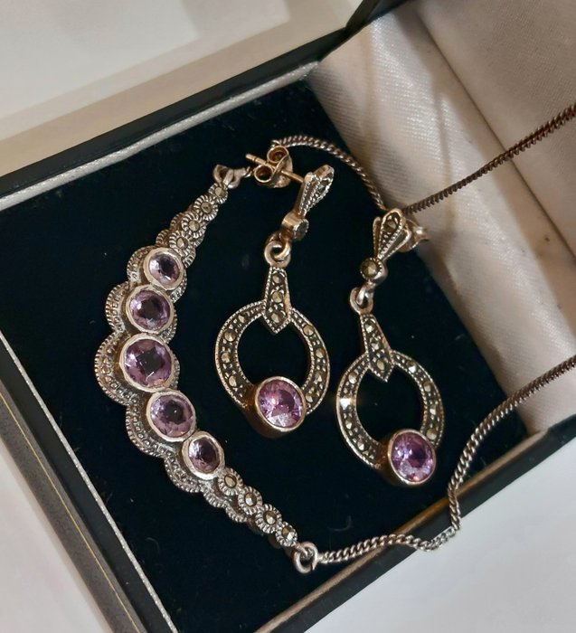 Preview of the first image of 925 Silver - Earrings, Necklace with pendant - Amethyst - Marcasites.