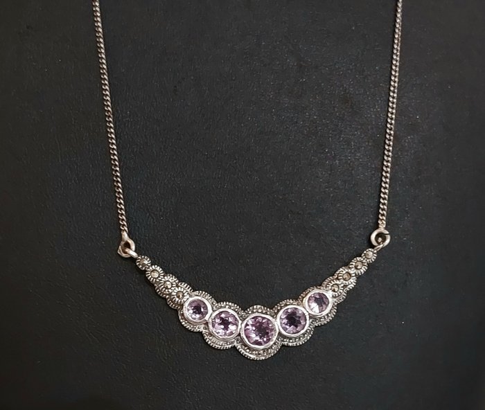 Image 2 of 925 Silver - Earrings, Necklace with pendant - Amethyst - Marcasites