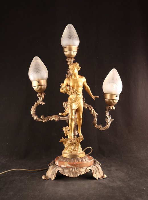 Image 2 of Large antique table lamp with sculpture - Glass, Spelter - Early 20th century