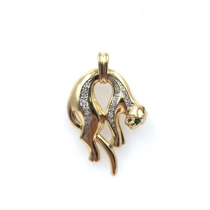 Preview of the first image of Panther - 14 kt. Yellow gold - Pendant - 0.34 ct Diamond - Emeralds, tested.