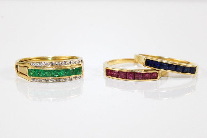 Preview of the first image of 18 kt. Gold - Ring - Diamonds, Emeralds, Sapphires, Tourmalines.