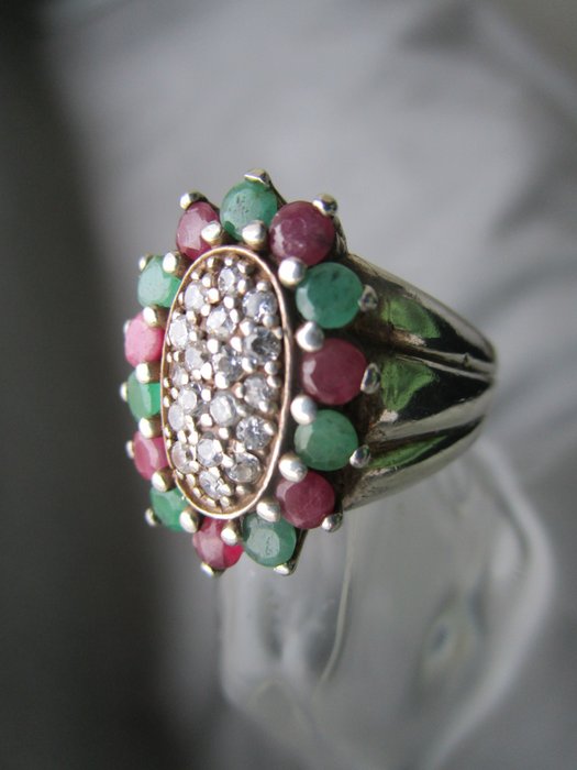Preview of the first image of 925 Silver - Ring - Emeralds, Rubies, Rock Crystals.