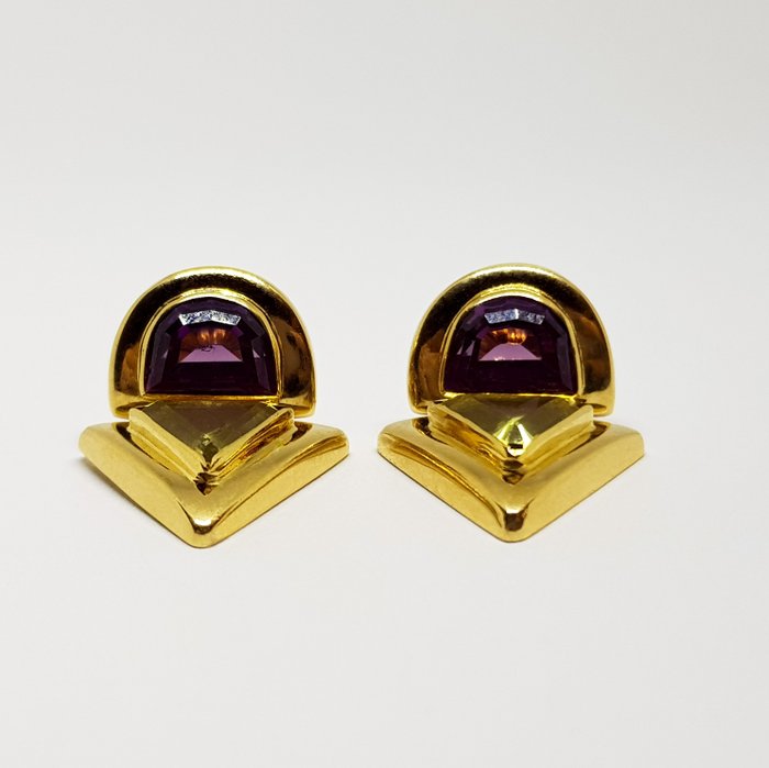 Image 2 of 18 kt. Gold, Yellow gold - Earrings Amethyst - Peridots