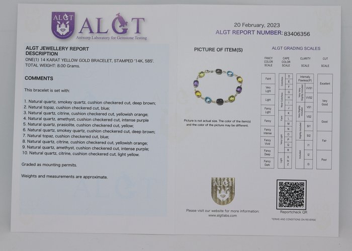 Image 3 of ALGT Certificaat - 14 kt. Gold, Yellow gold - Bracelet - 30.00 ct Topaz - Amethysts, Citrines, Topa