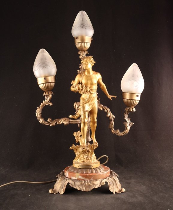 Preview of the first image of Large antique table lamp with sculpture - Glass, Spelter - Early 20th century.