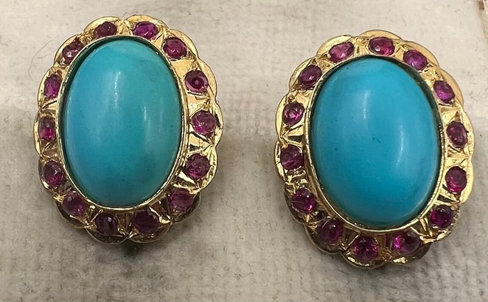 Image 2 of NO RESERVE PRICE - 18 kt. Yellow gold - Earrings Ruby - Turquoises