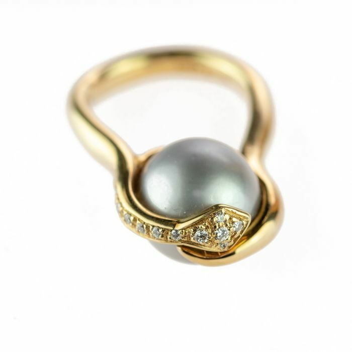 Image 2 of Intini Jewels - 18 kt. Gold, Yellow gold - Ring - 0.14 ct Diamond - Tahiti Pearl