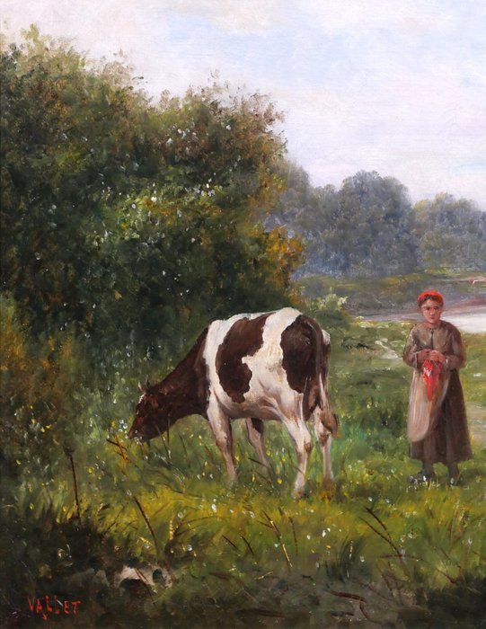 Image 3 of French school (XIX) - Landscape with cow and young woman