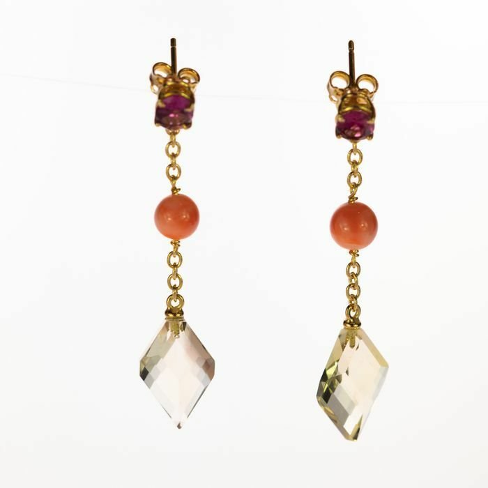 Preview of the first image of Intini Jewels - 18 kt. Gold, Yellow gold - Earrings - 8.00 ct Coral - Citrines, Rubelite.