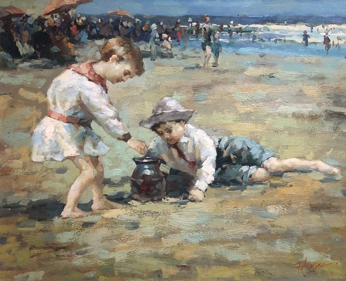 Preview of the first image of Hollandse school (XX-XXI) - Spelende kinderen op het strand.