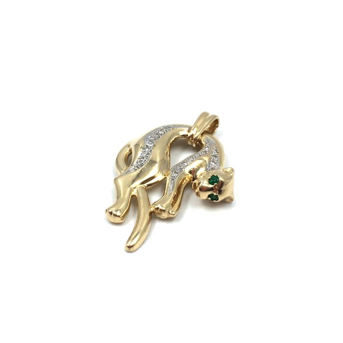 Image 2 of Panther - 14 kt. Yellow gold - Pendant - 0.34 ct Diamond - Emeralds, tested
