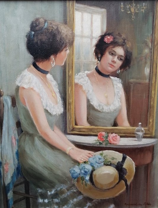 Preview of the first image of Annemarie van Wolde (1921-2018) - Mooie vrouw die zich mooi maakt voor de spiegel.