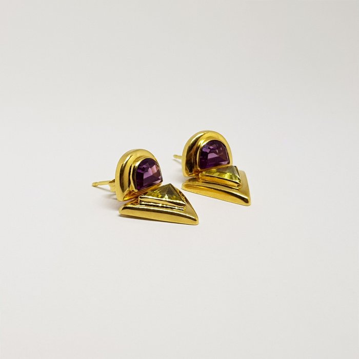 Image 3 of 18 kt. Gold, Yellow gold - Earrings Amethyst - Peridots