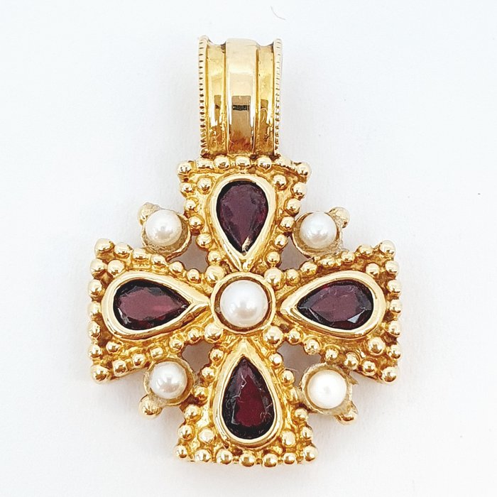 Preview of the first image of 18 kt. Yellow gold - Pendant - 1.20 ct Garnet - pearls.