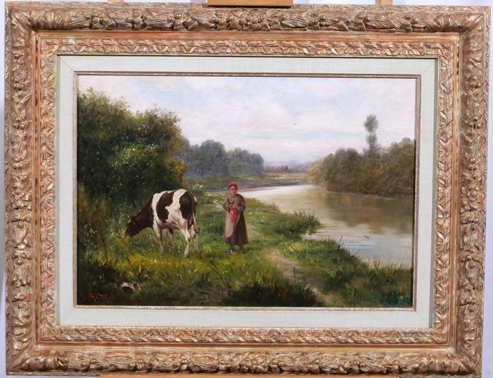 Image 2 of French school (XIX) - Landscape with cow and young woman