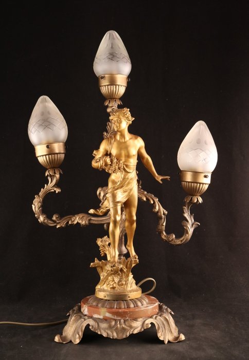 Image 3 of Large antique table lamp with sculpture - Glass, Spelter - Early 20th century