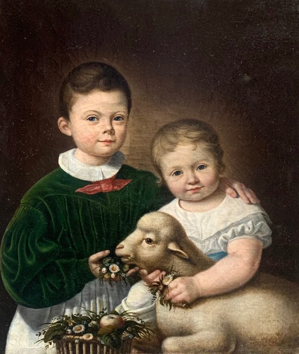 Image 2 of European School (XIX) - Double Portrait of Children with a small Lamb