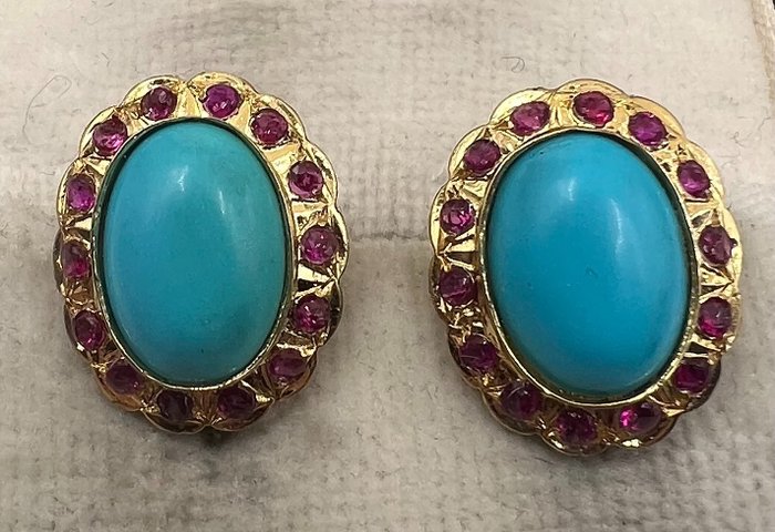 Preview of the first image of NO RESERVE PRICE - 18 kt. Yellow gold - Earrings Ruby - Turquoises.