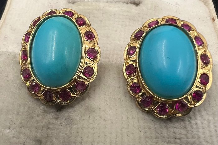 Image 3 of NO RESERVE PRICE - 18 kt. Yellow gold - Earrings Ruby - Turquoises