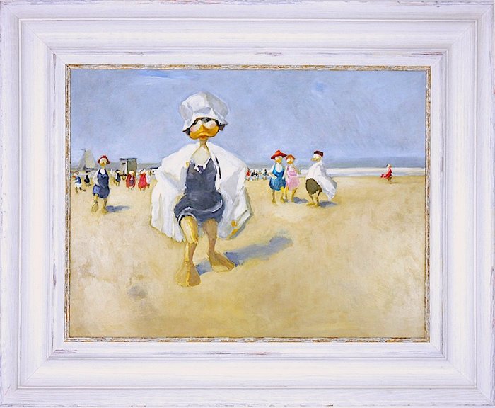 Preview of the first image of Die Ducks - „Ente am Strand von Viareggio" - 45 x 60 cm - Oil on Canvas - Framed - (2022).