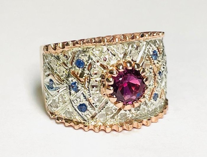 Image 3 of senza prezzo di riserva - 14 kt. Gold, Silver - Ring - 0.80 ct Ruby - Diamonds, Sapphires