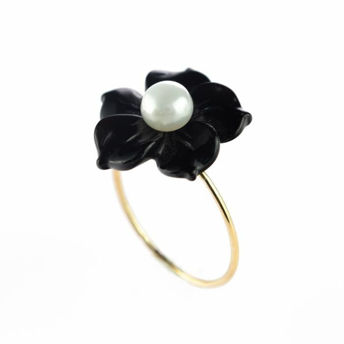 Preview of the first image of Intini Jewels - 18 kt. Gold, Yellow gold - Ring Freshwater Pearl - Agate.