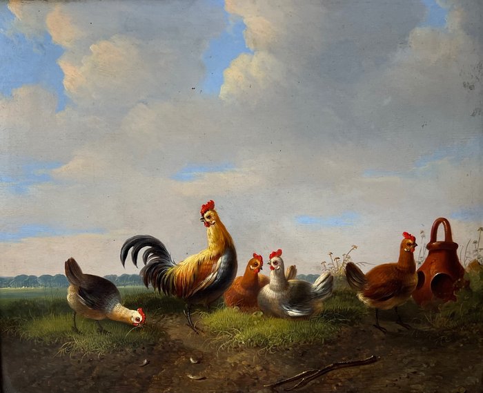 Preview of the first image of Flemish school (XlX) - Cockerel and hens in a landscape.