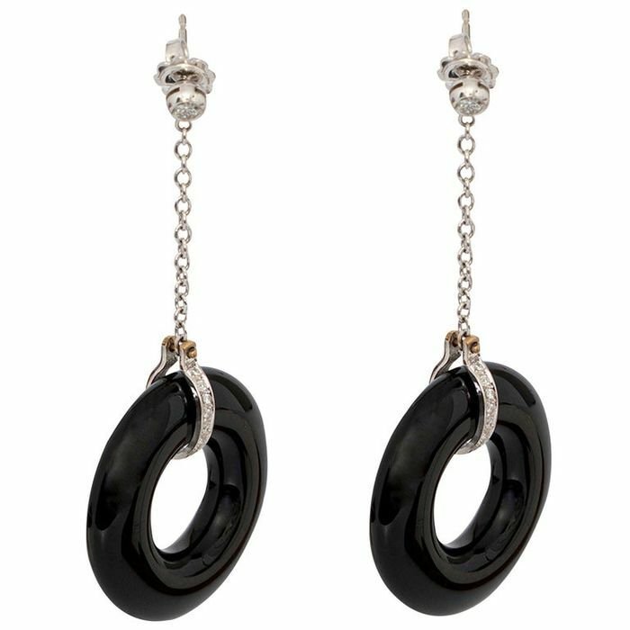 Preview of the first image of Intini Jewels - 18 kt. Gold, White gold - Earrings Diamond - Onyx.