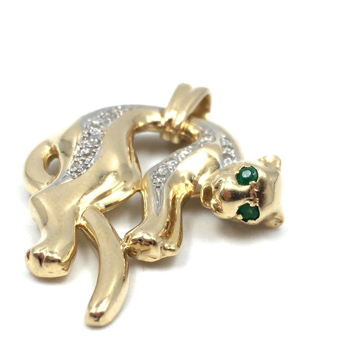 Image 3 of Panther - 14 kt. Yellow gold - Pendant - 0.34 ct Diamond - Emeralds, tested