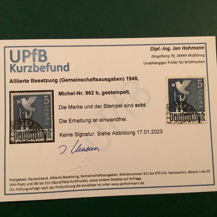 Preview of the first image of Allied Occupation - Germany 1948 - 5 Mark dove of peace in b nuance with a photo certificate - Mich.