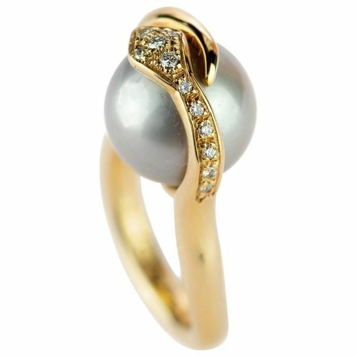 Preview of the first image of Intini Jewels - 18 kt. Gold, Yellow gold - Ring - 0.14 ct Diamond - Tahiti Pearl.
