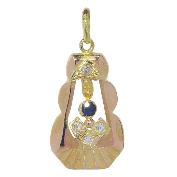 Preview of the first image of NO RESERVE PRICE - 18 kt. Gold - Pendant - 0.12 ct Sapphire - Diamonds, 0.10 crt, Vintage 1950's Fi.