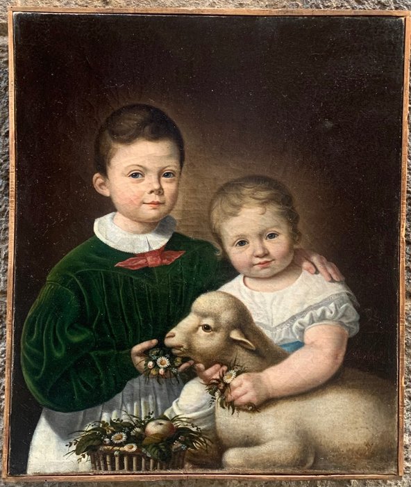 Image 3 of European School (XIX) - Double Portrait of Children with a small Lamb