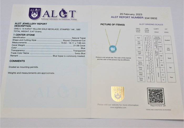 Image 3 of ALGT Certificaat - Geen reserve - 14 kt. Gold, Yellow gold - Necklace - 21.08 ct Topaz - Topaz, Swi
